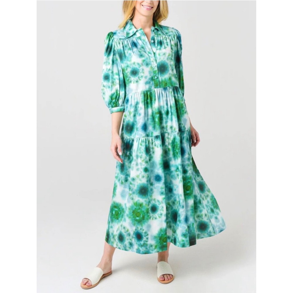 Hunter Bell Clayton Tie Dye Dress M Green Boho Tiered Puff Sleeve Cotton Maxi